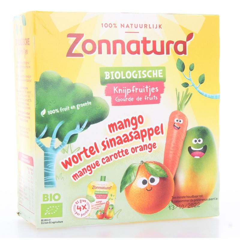 Zonnatura Knijpfruit groente mango/wortel/sinas bio  4x 85 gram