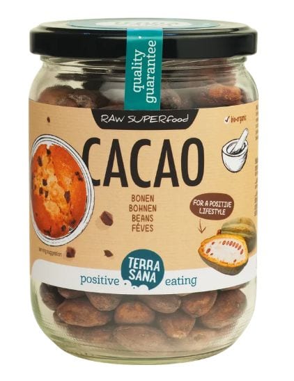 Terrasana Raw cacao bonen in glas bio 250 gram