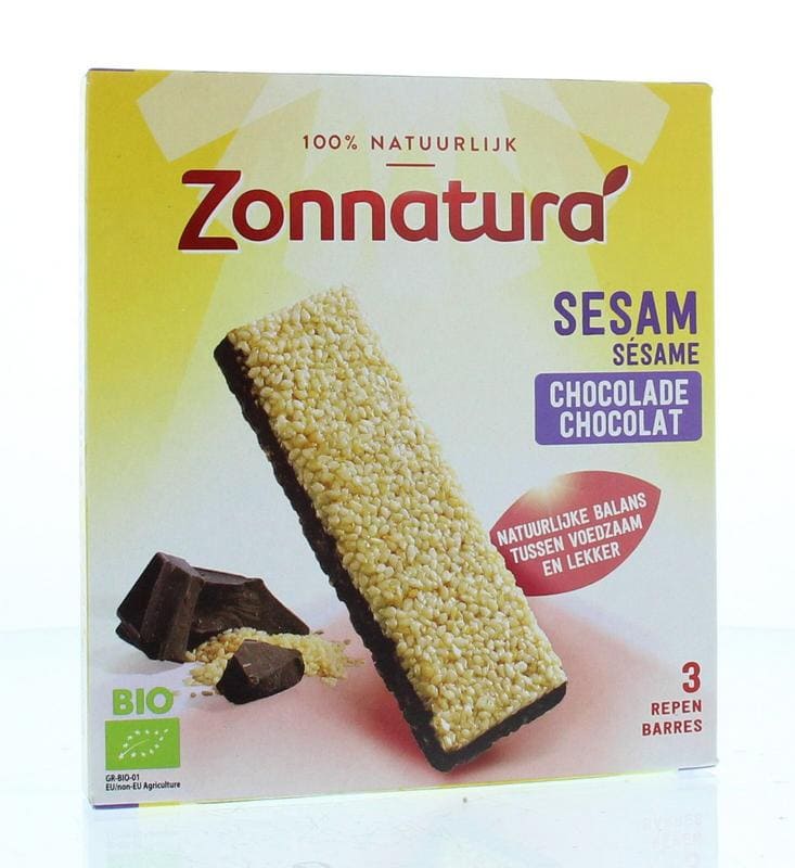 Zonnatura Sesam reep pure chocolade 3-pak bio 90 gram