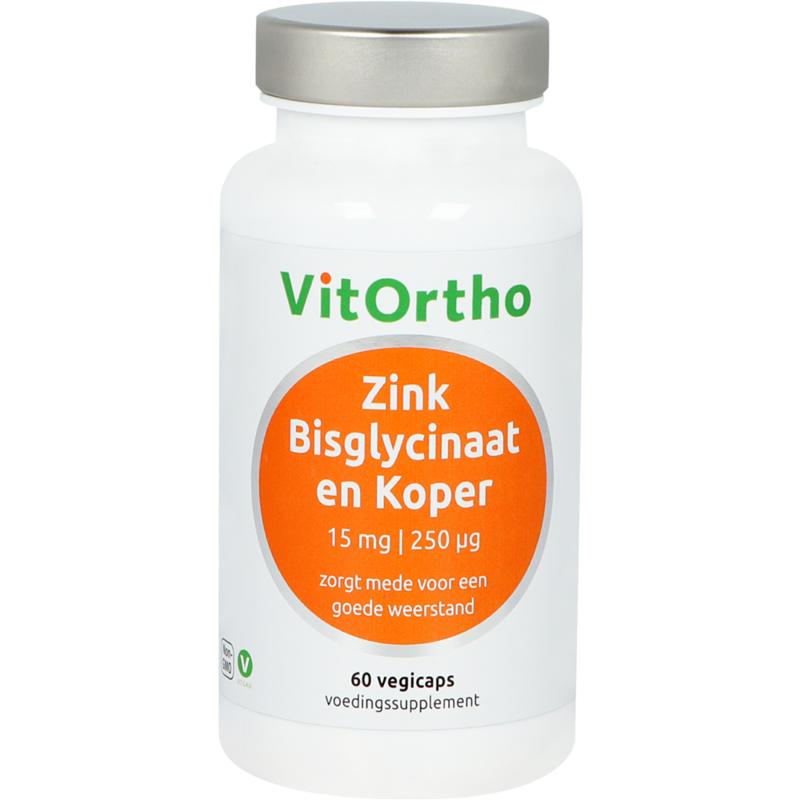 Vitortho Zink bisglycinaat 15mg en koper 250mcg 60 vegan capsules