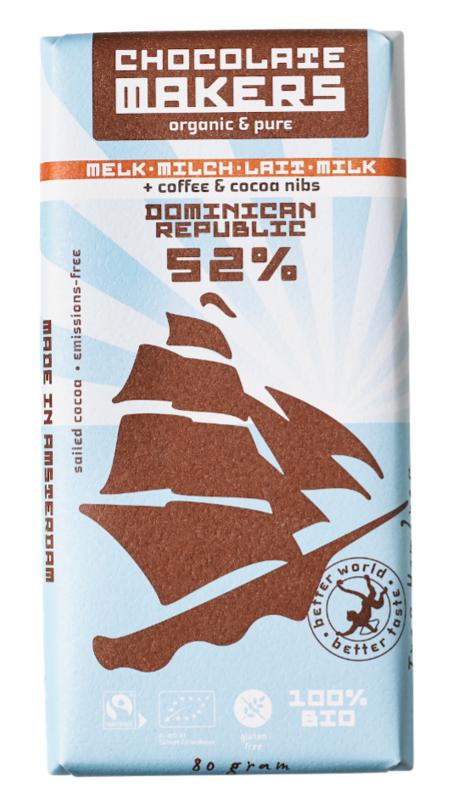 Chocolatemakers Reep tres hombres 52% melk cacaonibs & koffie bio 80 gram