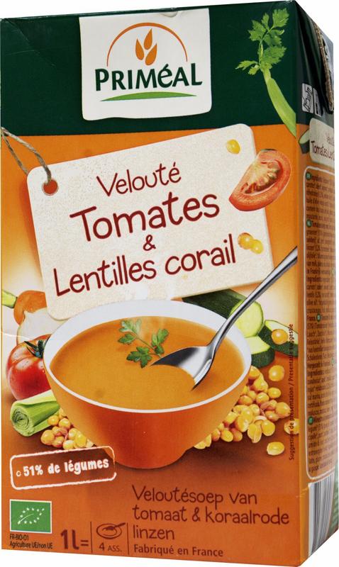 Primeal Veloute gebonden soep tomaat linzen bio 1000 ml
