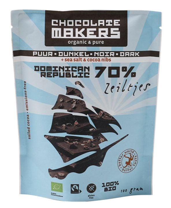 Chocolatemakers Zeiltjes puur 70% met cacaonibs & zeezout bio 100 gram